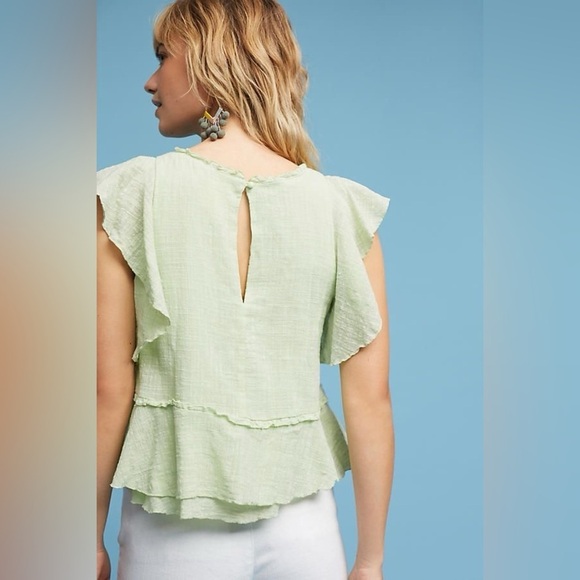 Maeve Anthropologie Green Cascade Ruffle Gauze Cotton Top Size Medium - Picture 2 of 10